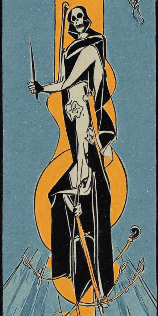 Image similar to an art deco illustration of the grim reaper on a tarot card with an elegant border