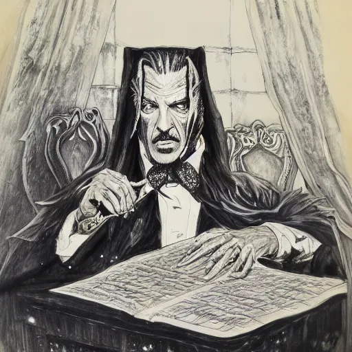 Image similar to vincent price as billionaire howard hughes in long black feathered cloak, black hands tipped with black claws, feathers growing out of skin, at opulent desk, vivid, mike mignogna, illustration, highly detailed, rough paper, dark, oil painting
