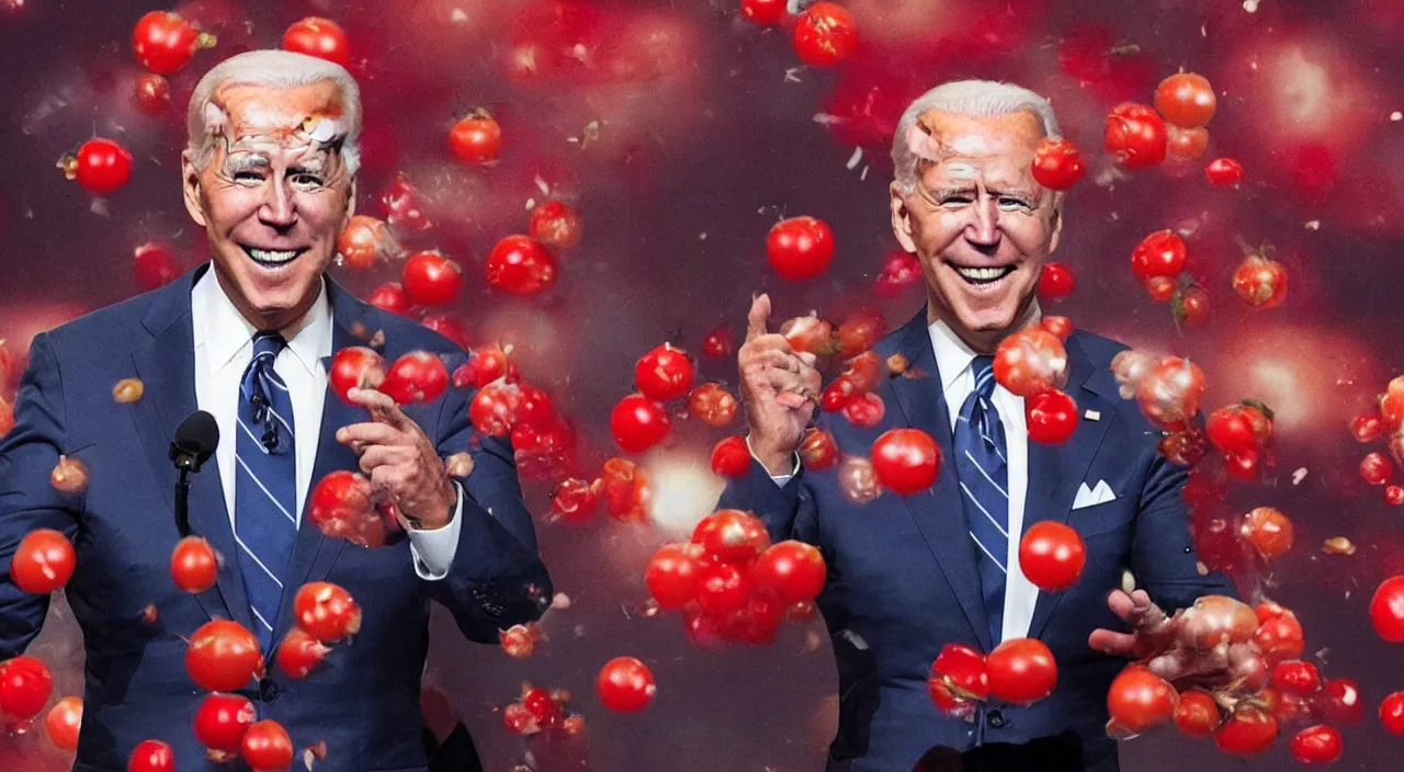 Image similar to joe biden singing on americas got talent with tomatos being thrown at him