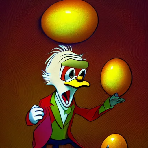 Image similar to An extremely psychedelic portrait of Scrooge McDuck from DuckTales holding egg, surreal, LSD, face, detailed, intricate, elegant, lithe, highly detailed, digital painting, artstation, concept art, smooth, sharp focus, illustration