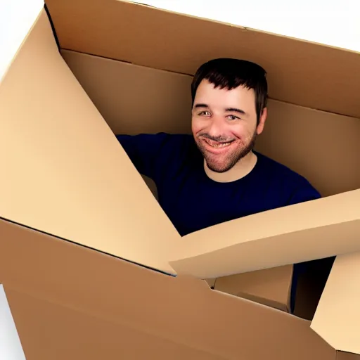 Prompt: a man inside a cardboard box