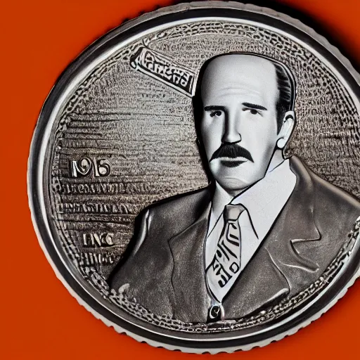 Image similar to A photograph of a delicious chocolate coin that is engraved with a portrait of 1975 leon redbone, highly detailed, close-up product photo, depth of field, sharp focus