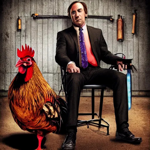 Prompt: saul goodman and a rooster in a saw movie torture chamber, saw movie jigsaw background, saul goodman, rooster, photo