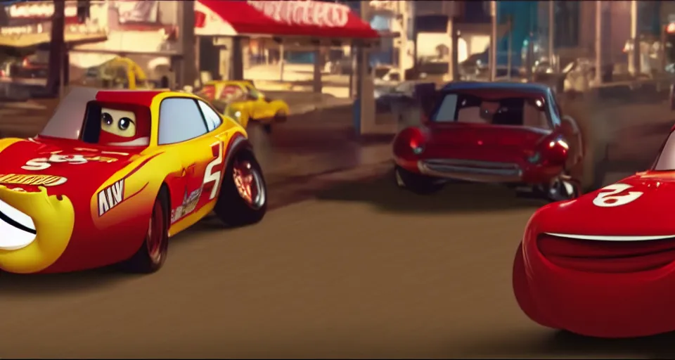 Image similar to a film still of Lightning McQueen in Pulp Fiction, anamorphic, cinematography,