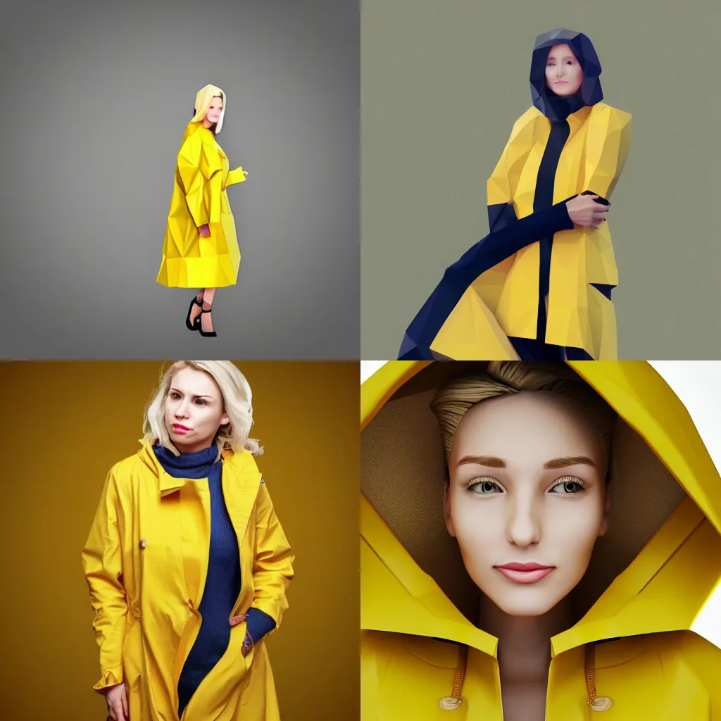 Prompt: Portrait of a beautiful blonde woman dressed in yellow raincoat, lowpoly ,