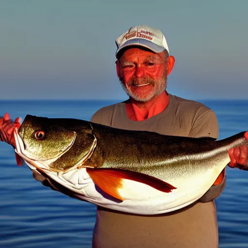 Image similar to a fisherman who just caught a very nice fish, hyperrealistic photograph