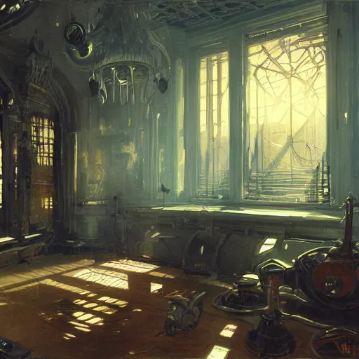 Image similar to painting of syd mead artlilery scifi organic shaped empty room with ornate metal work lands on a farm, fossil ornaments, volumetric lights, purple sun, andreas achenbach