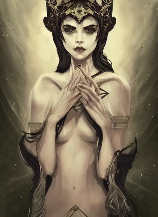 Prompt: tarot!!, high priestess, no noise, elegant, concept art, sharp focus, beautiful face!!, digital art, smooth defined outlines!!, human anatomy, human structure, vector background, dark fantasy, by Yukio Miyamoto