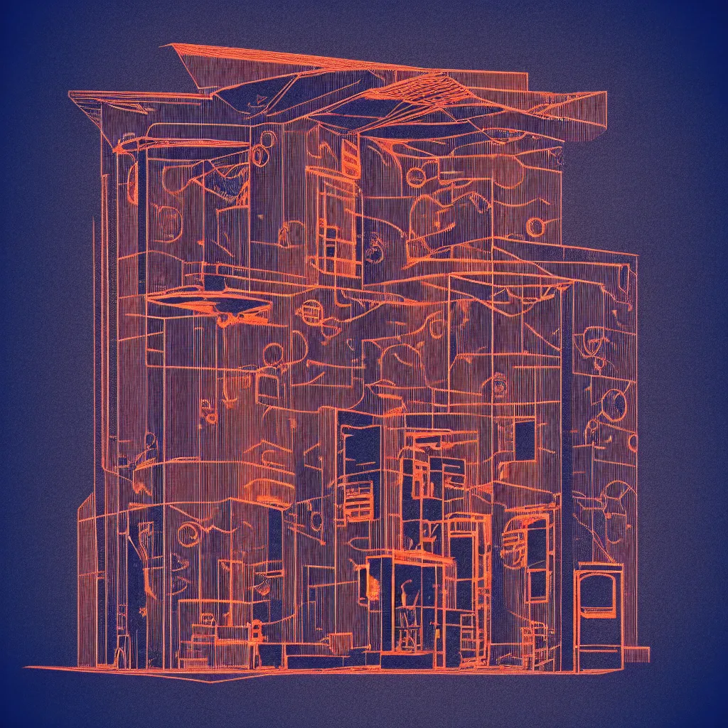 Image similar to time machine blueprint by, mads berg, karolis strautniekas, film noir, stippled light, dramatic lighting, editorial illustration, detailed, fine texture, matte print, art deco, brutalism, dark blue + dark orange, red, black, ( ( habitat 6 7 background ) )