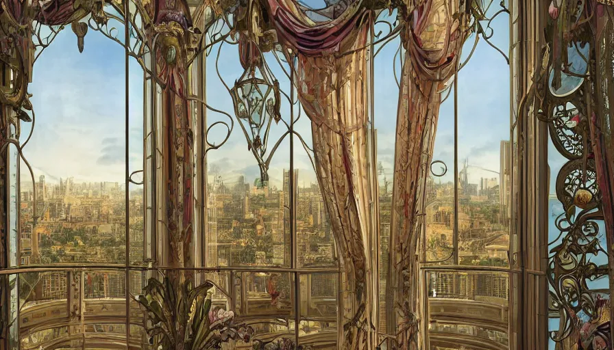 Prompt: a very elaborate elaborated huge standalone hyperrealistic photorealistic hyperdetailed window, reflecting a ultramodern city and a chandelier, seen from the distance. art nouveau rococo in the style of caravaggio. unexpected maximalist fabric elements hd 8 x matte background in vibrant pastel tones