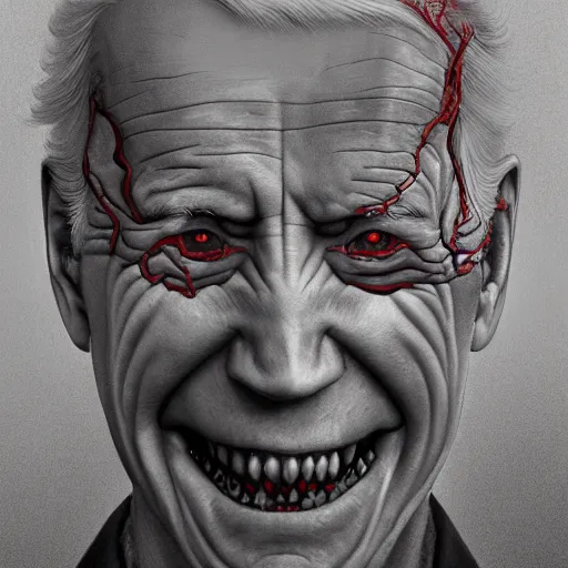 Image similar to a portrait of joe biden, flesh eating worms, macabre, horror, saw teeth, horror rotten teeth, peeling face skin, decomposing skin tones, by junji ito, wlop, zdzisław beksinski, realistic face, visible face, digital art, artstation, symmetry