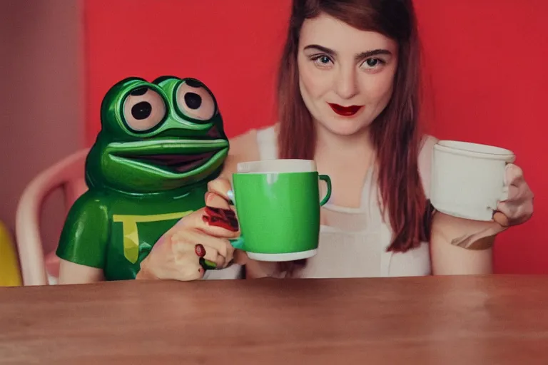 Prompt: girl drinking coffee with pepe the frog in a cafe, 8 0 s style, cinematographic photo