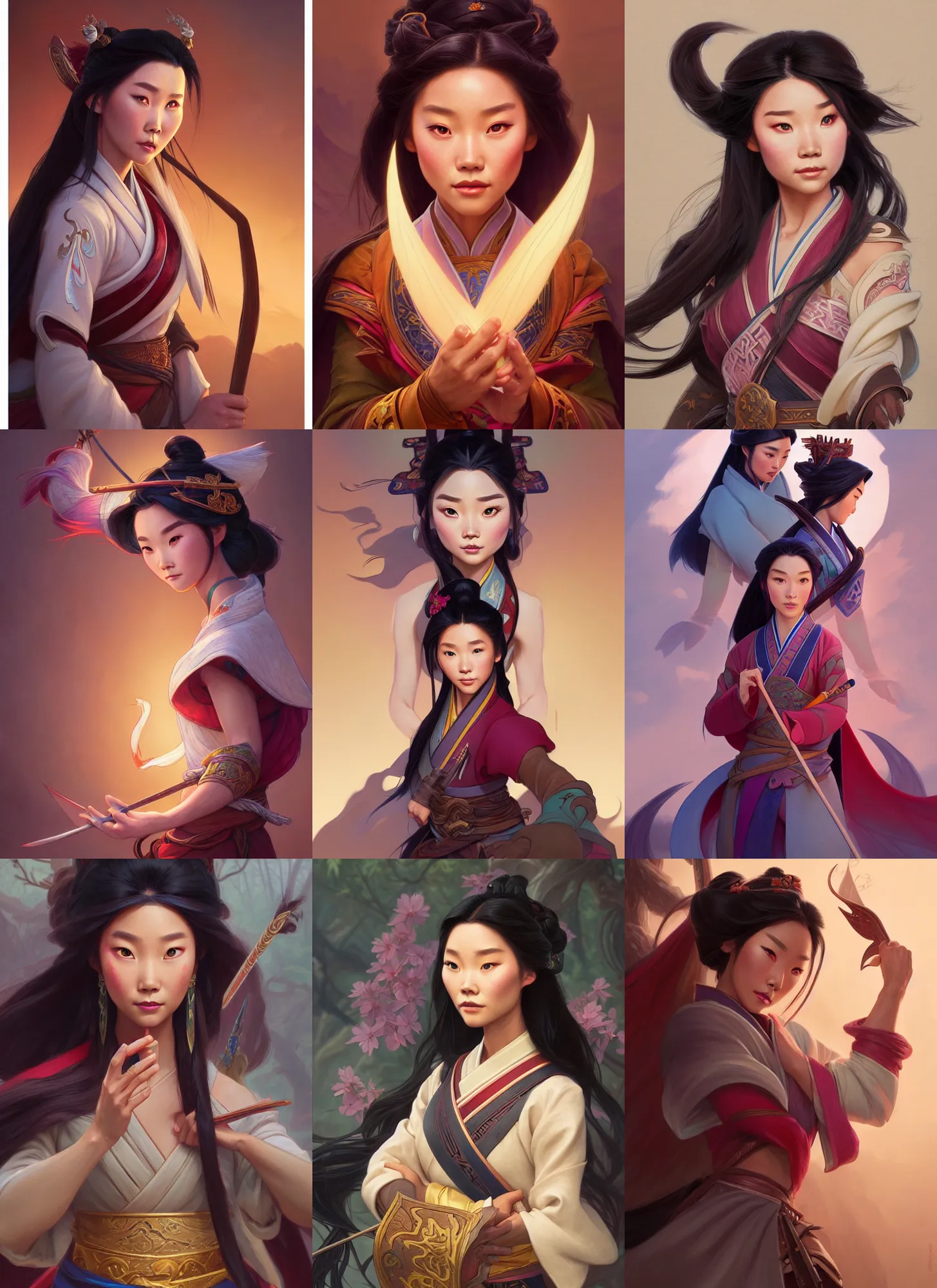 Prompt: characters from the mulan and pocahontas crossover, d & d, fantasy, intricate, elegant, highly detailed, digital painting, artstation, concept art, matte, sharp focus, illustration, hearthstone, art by artgerm and greg rutkowski and alphonse mucha