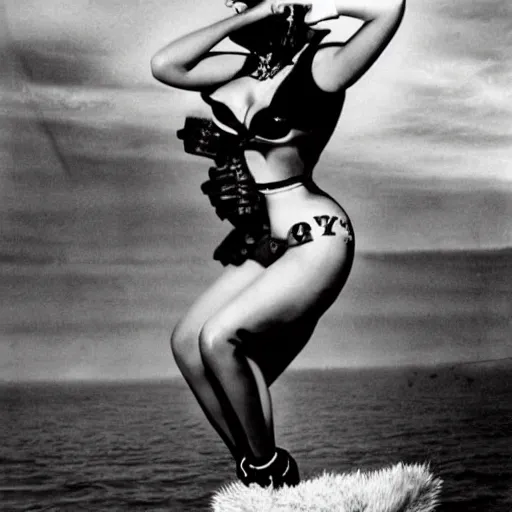 Image similar to lady gaga as a pinup model as nose art on the front of a b - 1 7 bomber