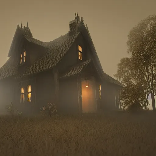 Prompt: village horror house in forest darkness dark unreal render fog highly detailed