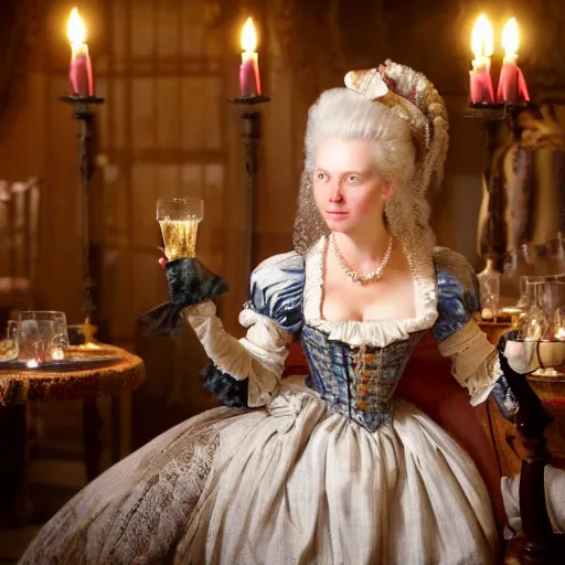 Prompt: marie antoinette in a tavern at night with candles, wow 4 k detail fantasy, matte painting, realistic materials, photo realistic, postprocessing, cinematic, hyperrealistic, studio lighting, ekaterina, the tudors, photography by richard jenkins