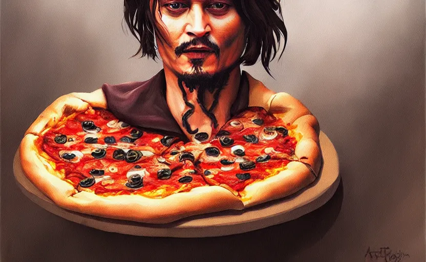 Image similar to a painting of pizza depp trending on artstation in the style of greg rutkowski