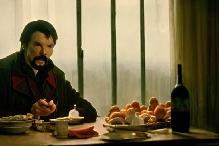 Prompt: soviet movie still doctor strange sitting at a table next to the window with food, dark warm light, a character portrait by margarita terekhova, movie stalker solaris film still by andrei tarkovsky, 8 k, 1 9 8 4, close - up bokeh, gelios lens, color, noir