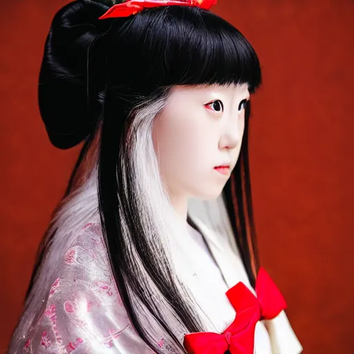 Prompt: A young long white hair Japanese princess from ancient japan wearing a red bow, (EOS 5DS R, ISO100, f/8, 1/125, 84mm, postprocessed, crisp face, facial features)