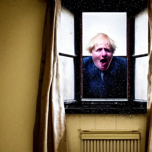 Image similar to photo of the inside of a dark old rainy bedroom window at night with the curtains pulled back, dimly lit creepy | screaming face of boris johnson staring in and pressing his bloody face and hands against the window, horror, scary face, demonic face,