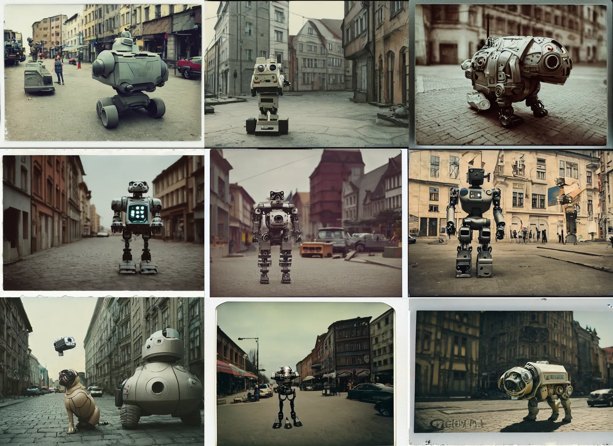 Prompt: oversized cyborg robot war pug, in legnica, noon, cinematic focus, polaroid photo, vintage, neutral dull colors, soft lights,, by gregory crewdson