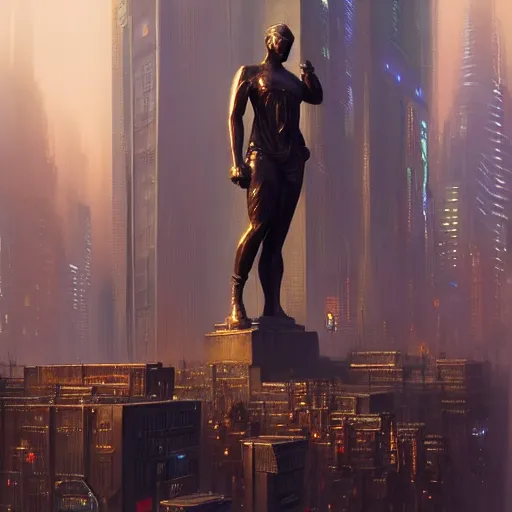 Image similar to a bronze statue stands as the centerpiece of cyberpunk new york city, fantasy, intricate, elegant, digital painting, trending on artstation, concept art, sharp focus, illustration by greg rutkowski, Gaston Bussiere and artgerm, 4k.