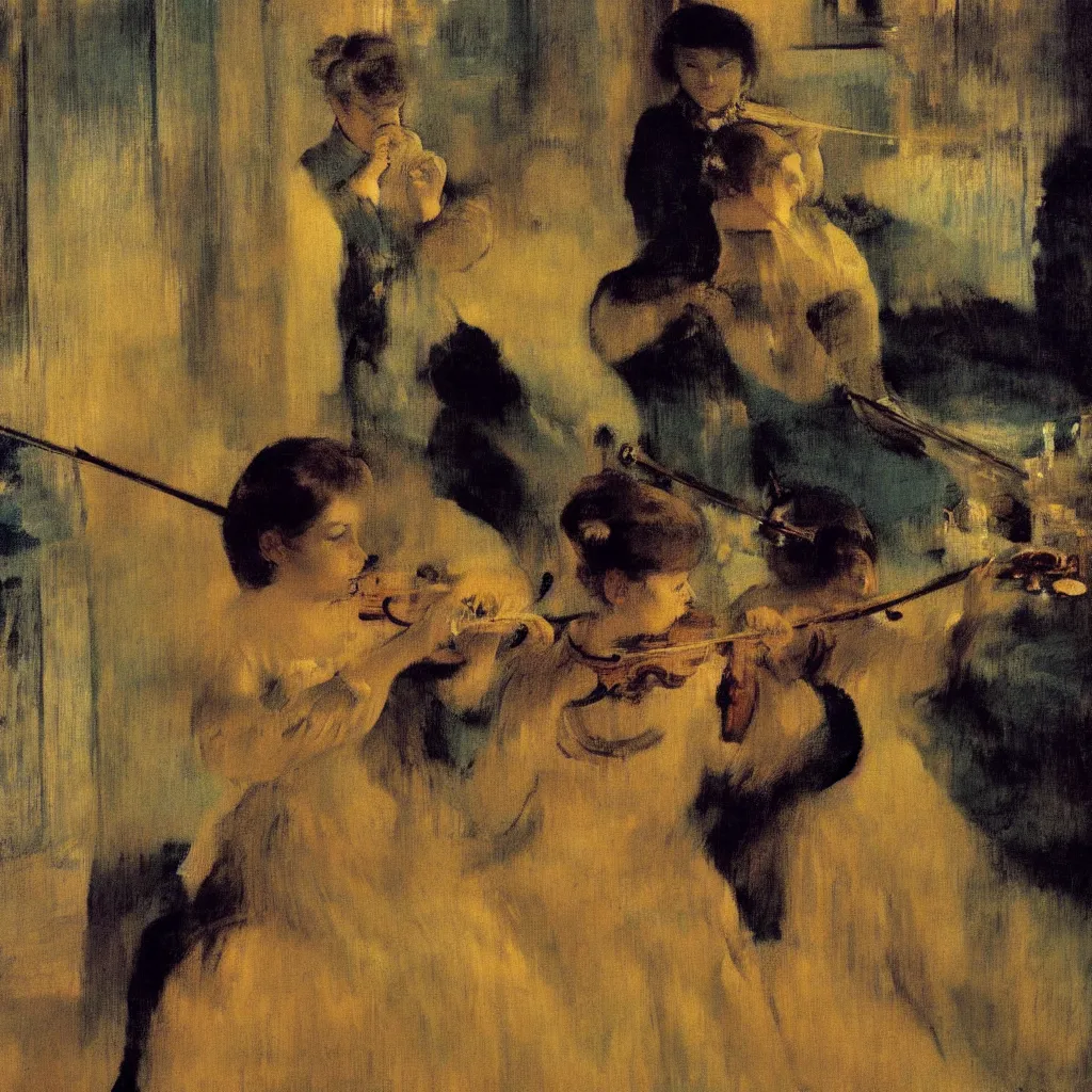 Prompt: impressionistic painting of a woman playing a violin in a dark bedroom as city lights stream through the window, painting style by salvador dali and degas and manet