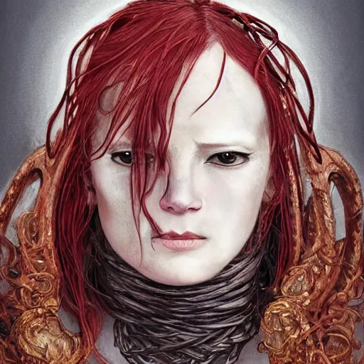 Image similar to portrait of a Shibari rope wrapped face and neck, headshot, insanely nice professional hair style, dramatic hair color, digital painting, of a old 15th century, old cyborg merchant, amber jewels, baroque, ornate clothing, scifi, realistic, hyperdetailed, chiaroscuro, concept art, art by Franz Hals and Jon Foster and Ayami Kojima and Amano and Karol Bak,