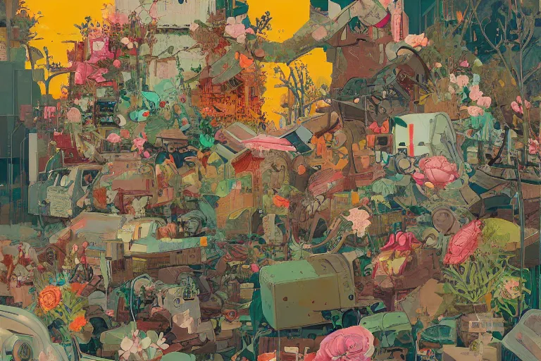 Image similar to a dystopic junkyard, detailed painting, overgrown with flowers, art by Sachin Teng, beautiful lush colors