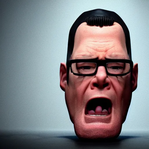 Prompt: hyper realistic, beautiful moody lighting, extreme emotions, caricature, soft, portrait of a very angry Hank Hill, rendered in octane, high quality 3d