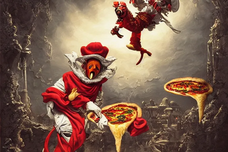 Image similar to a highly detailed menacing painting of pulcinella!!! from naples with a pizza!! and lots of fire, a volcano and dark smoke, an ultrafine detailed painting by joe fenton, dramatic lighting, trending on deviantart, sharp focus, octane, masterpiece