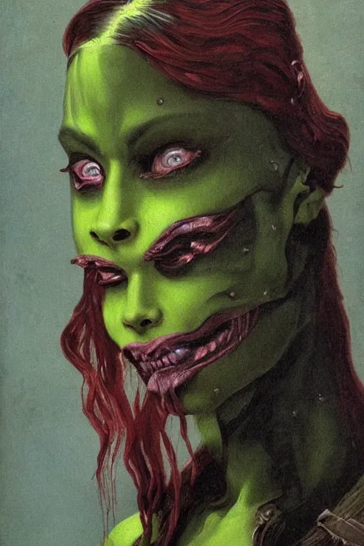 Prompt: Baroque painting of Gamora, inspired by Gustav Moreau and Wayne Barlowe, exquisite detail, hyper realism, ornate, exquisite detail, cute face