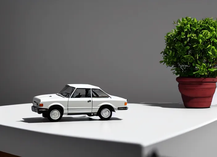 Image similar to a small miniature of a Ford Cortina 1980 on a white table near a book and a vase with a plant, 3d render, octane render, unreal engine 5, path tracing, serene landscape, calm, relaxing, beautiful landscape, highly detailed, high quality, 4k, symmetrical, low contrast