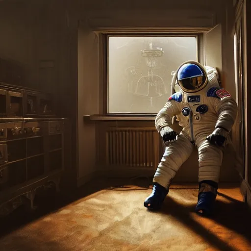 Image similar to a single cosmonaut in a spacesuit drinks a steaming cup of tea at an old wooden desk in a richly decorated Victorian house. the autumn light comes in through a window and dimly illuminates the room, diffuse light, octane render