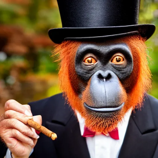 Prompt: professional portrait of an orangutan wearing a black suit a top hat and a monocle smoking a cigar in the Central Park Zoo, 8k, detailed