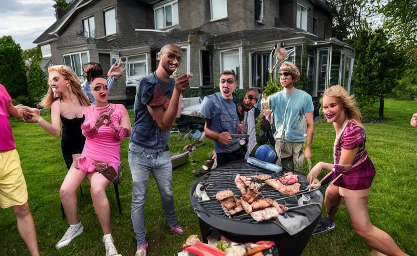 Image similar to a group of friends having a bbq with an alien at the backgardenof a detroit house