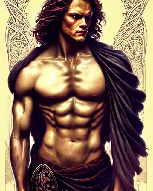 Prompt: bare chested sam heughan ( outlander ) portrait, art nouveau, fantasy, intricate flower designs, elegant, highly detailed, sharp focus, art by artgerm and greg rutkowski and wlop