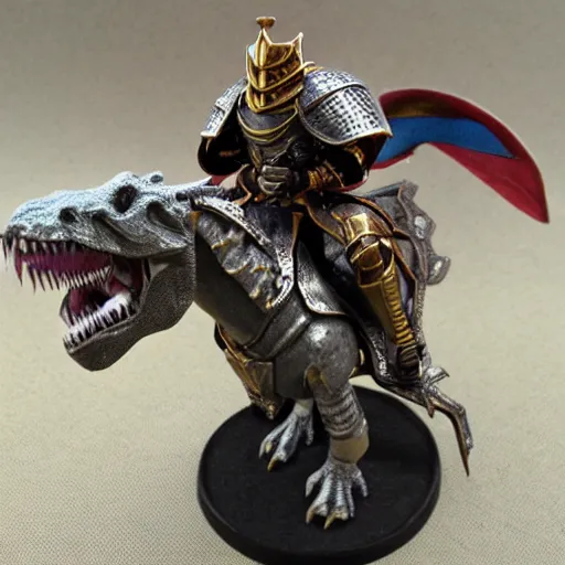 Image similar to D&D, high detail, miniature of medieval knight riding an allosaurus, heavy cavalry, Asgard rising, MyMiniFactory, 28mm scale