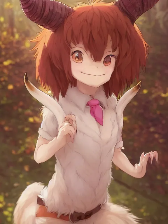 Image similar to Anime portrait of a cute smiling faun, short pink hair, golden notched horns, brown fur, fluffy tail, by Makoto Shinkai, Stanley Artgerm Lau, WLOP, Rossdraws, James Jean, Andrei Riabovitchev, Marc Simonetti, and Sakimichan