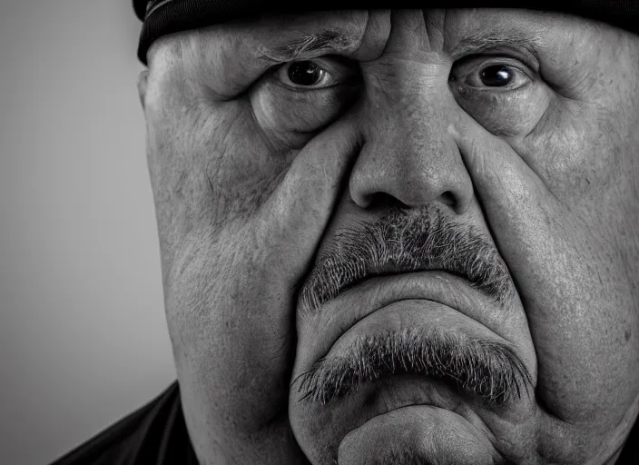 Prompt: high resolution black and white portrait with an 8 0 mm f / 4. 4 lens of a fat 7 0 year old intelligence agent looking very serious with a face like he is guarding a secret.