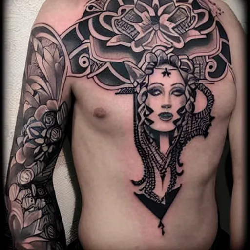 Image similar to tattoo design, stencil, award winning art, tattoo sleeve