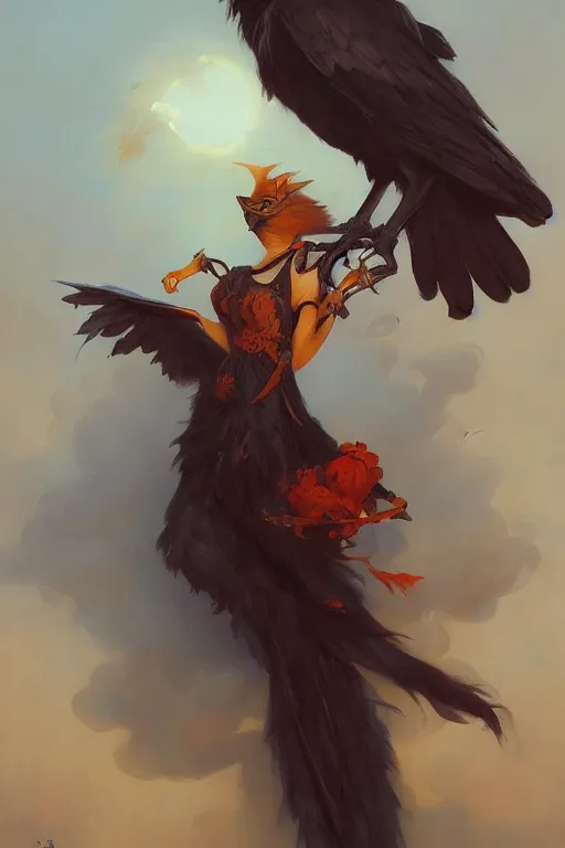 Image similar to Crow fursona by Peter Mohrbacher in the style of Gaston Bussière, Art Nouveau