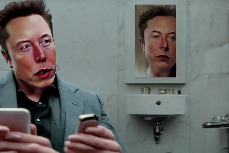 Image similar to hyperrealism aesthetic ridley scott and denis villeneuve style close - up photography of a detailed hyperrealism elon musk, siting on a detailed hyperrealism toilet and scrolling his smartphone in hyperrealism scene from detailed art house movie in style of alejandro jodorowsky and wes anderson