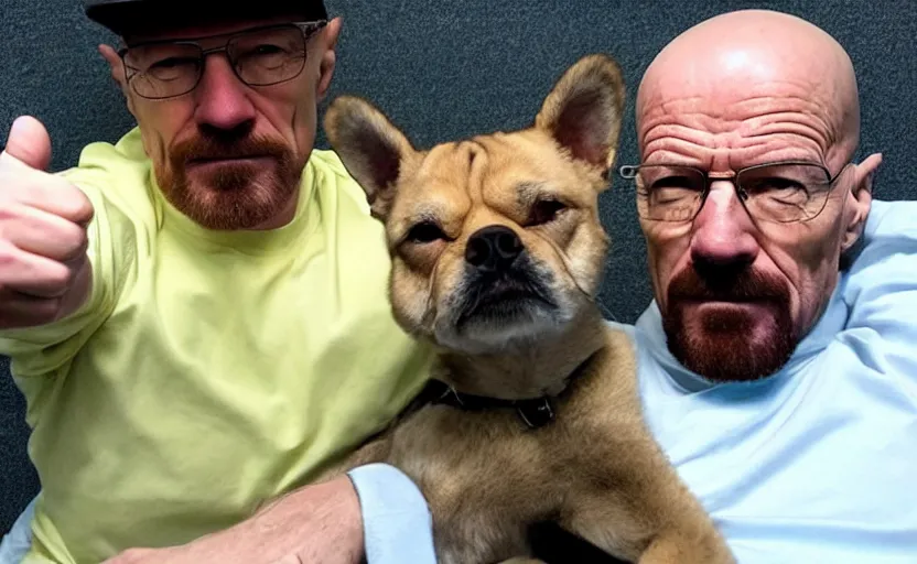 Image similar to walter white giving a thumbs up next to his dog, photo, selfie, trending, wholesome, supportive,
