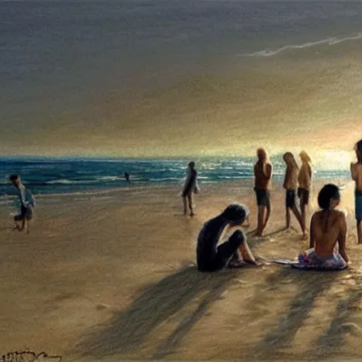 Prompt: A beautiful drawing of a group of people on a beach. The colors are muted and the overall tone is serene. The people are all engaged in different activities, from reading to playing games, and the artwork seems to be capturing a moment of peace and relaxation. by Robert Hagan, by Luis Royo