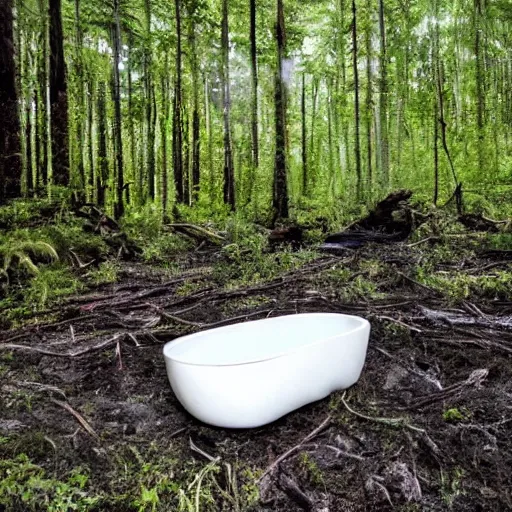 Prompt: pristine porcelain bath filled with bubbles in a clearcut rainforest, slash and burn, cleared forest, deforestation, bubble bath, overflowing with bubbles, tree stumps, smouldering charred timber, pile of timber