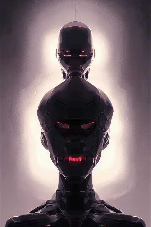 Image similar to professional concept art symmetrical portrait of a ominous floating!! robotic thing in a dark room by artgerm and greg rutkowski. an intricate, elegant, highly detailed digital painting, concept art, smooth, sharp focus, illustration, in the style of cam sykes.