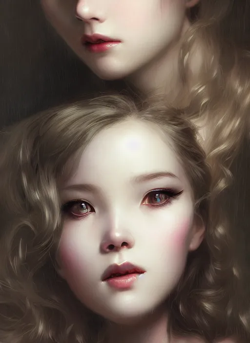 Image similar to of dark fantasy by Kyung Eom, young beautiful Belle Delphine, close up face portrait, medium shot, intricate, elegant, warm light, highly detailed, digital painting, volumetric light, artstation, concept art, smooth, sharp focus, illustration, art by Gil Elvgren and Adolf Wölfli and bruce pennington