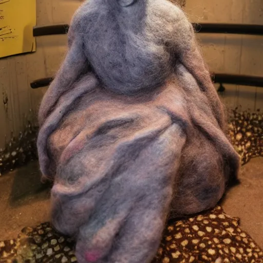 Prompt: photo of a life sized needle - felted 2 0 0 year old wrinkly crone covered in warts sitting behind a needle felted dumpster in a needle felted alley way with low soft light