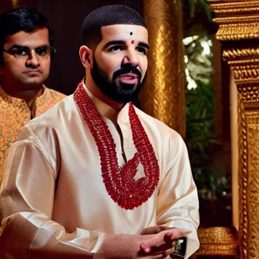 Prompt: drake the rapper wearing a silk kurta, hindu kovil scene